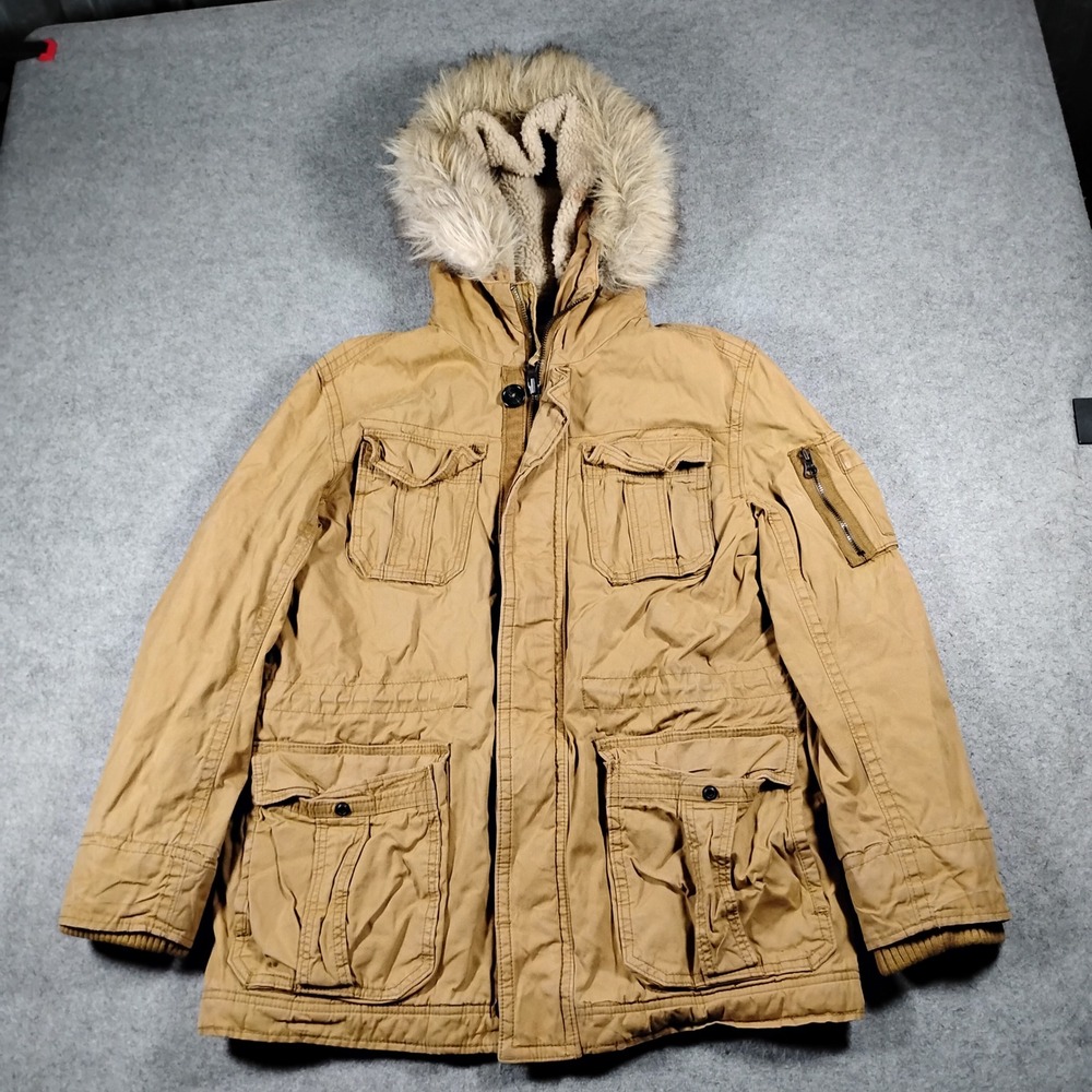 American Eagle Men's Khaki Tan Faux Fur Hooded Military Parka Jacket Medium